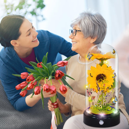 TECHSHARE Artificial Sunflower Gifts for Women, Yellow Artificial Sunflowers with LED Light in Glass Dome, Cute Sunflower for Christmas, Birthday, Mother's Day, Valentine's Day
