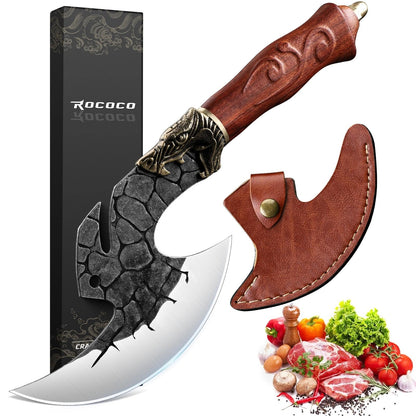 ROCOCO Viking Cleaver Knife Birthday - Butcher Meat Cutting Boning Knife Hand Forged Chinese Kitchen Axe with Sheath Home Outdoor BBQ Camping Chirstmas Mother Father Gift Men