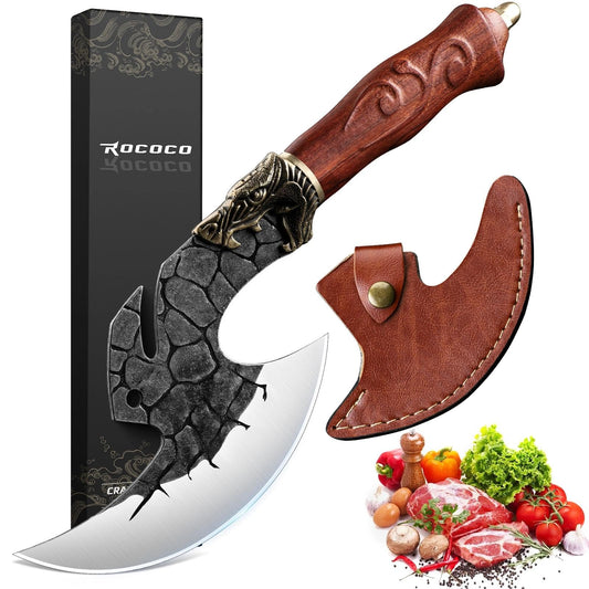 ROCOCO Viking Cleaver Knife Birthday - Butcher Meat Cutting Boning Knife Hand Forged Chinese Kitchen Axe with Sheath Home Outdoor BBQ Camping Chirstmas Mother Father Gift Men