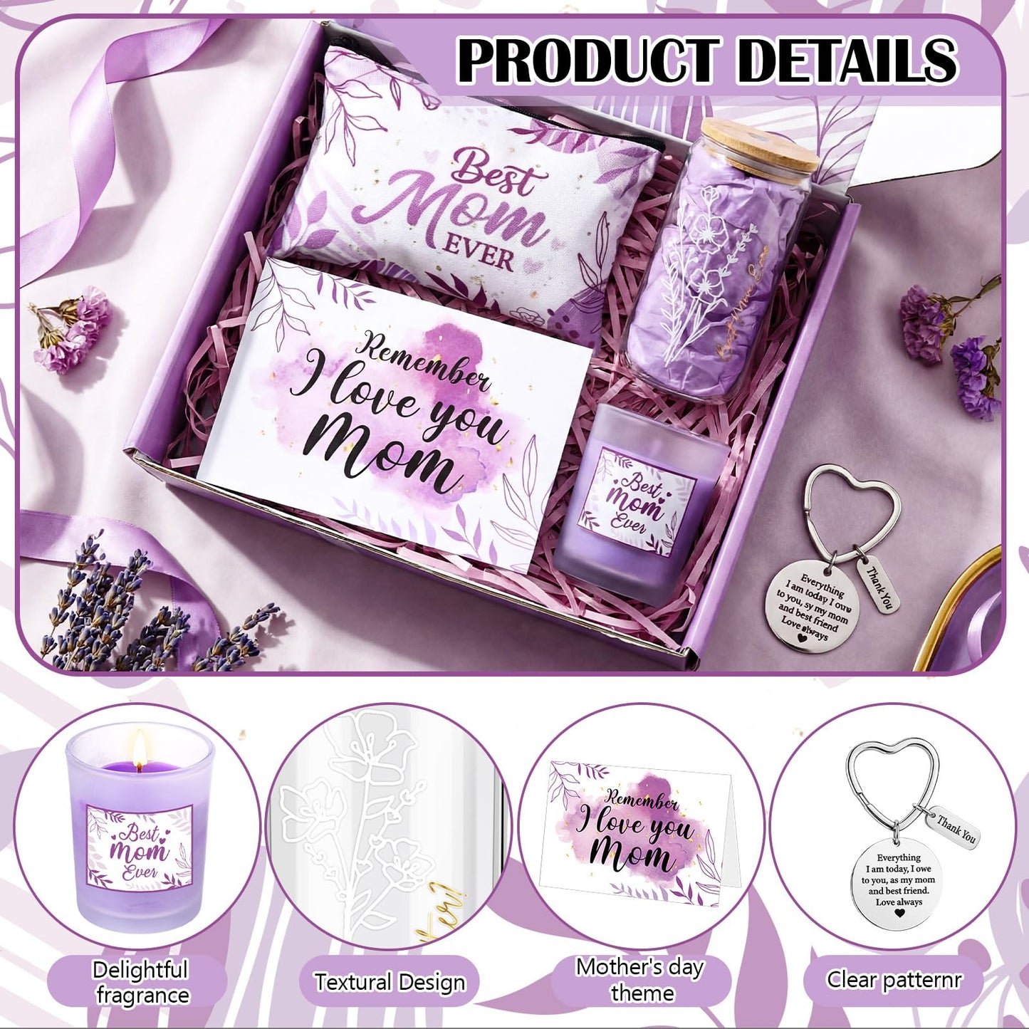 Bokon 6 Pcs Birthday Gifts for Mom Best Mom Ever Gifts Box Set with 16oz Glass Cup Scented Candle Makeup Bag from Daughter Son for Wife Mother Day Party(Purple)