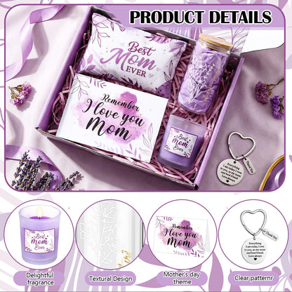 Bokon 6 Pcs Birthday Gifts for Mom Best Mom Ever Gifts Box Set with 16oz Glass Cup Scented Candle Makeup Bag from Daughter Son for Wife Mother Day Party(Purple)