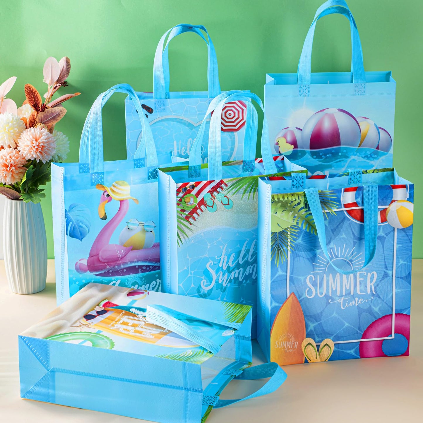 Sweetude 60 Pcs Pool Party Favors Bags Summer Gift Beach Goodie Reusable Summer Beach Pool Theme Non Woven Treat Bags with Handles for Hawaii Party, 12.6 x 9.84 Inch