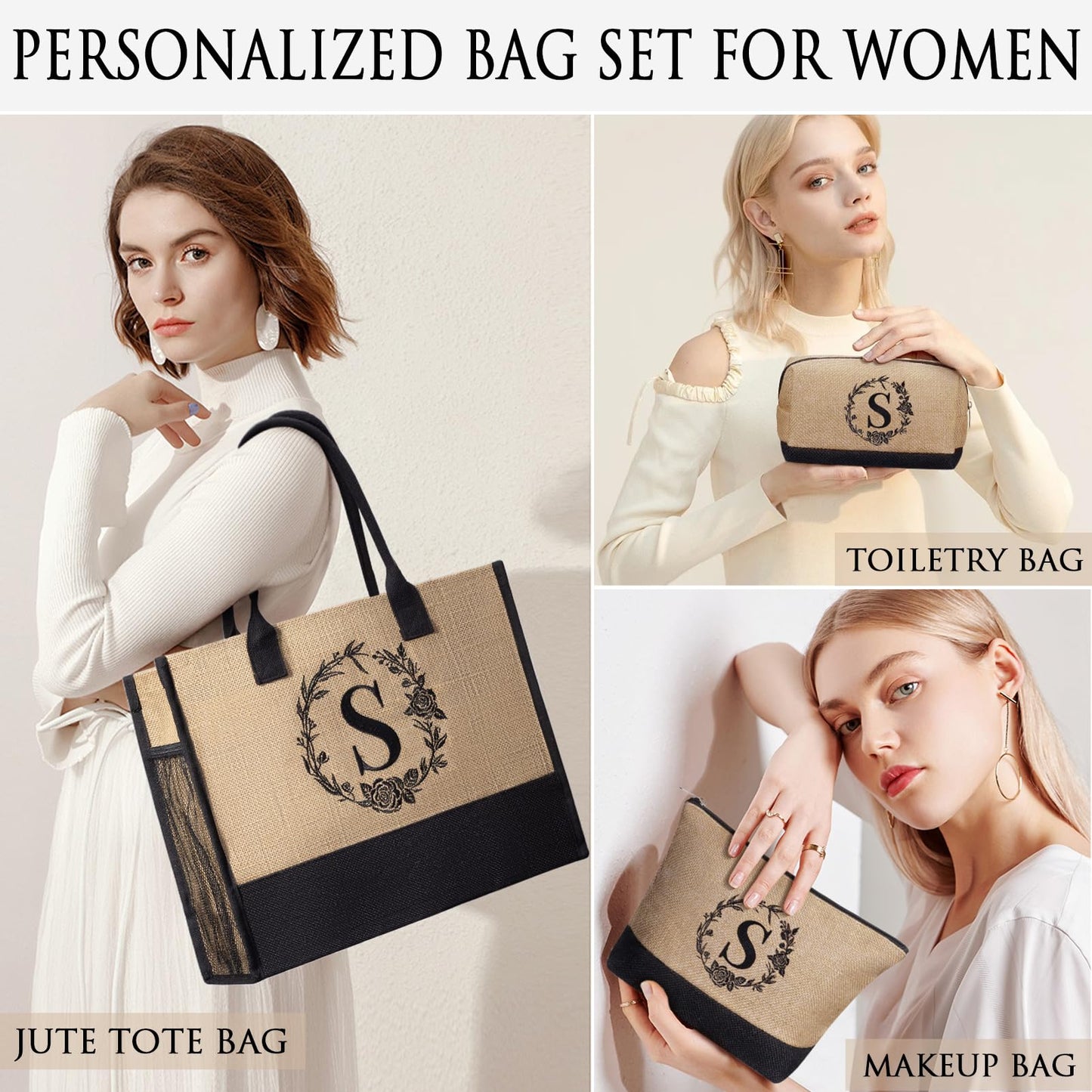 Personalized Gifts for Women Tote Bag, Initial Jute Tote Bag & Makeup Bags Monogrammed Beach Bag w/ Zipper, Mothers Day Birthday Gifts for Women Her Friends Mom Daughter Sister Grandma Teacher Nurse