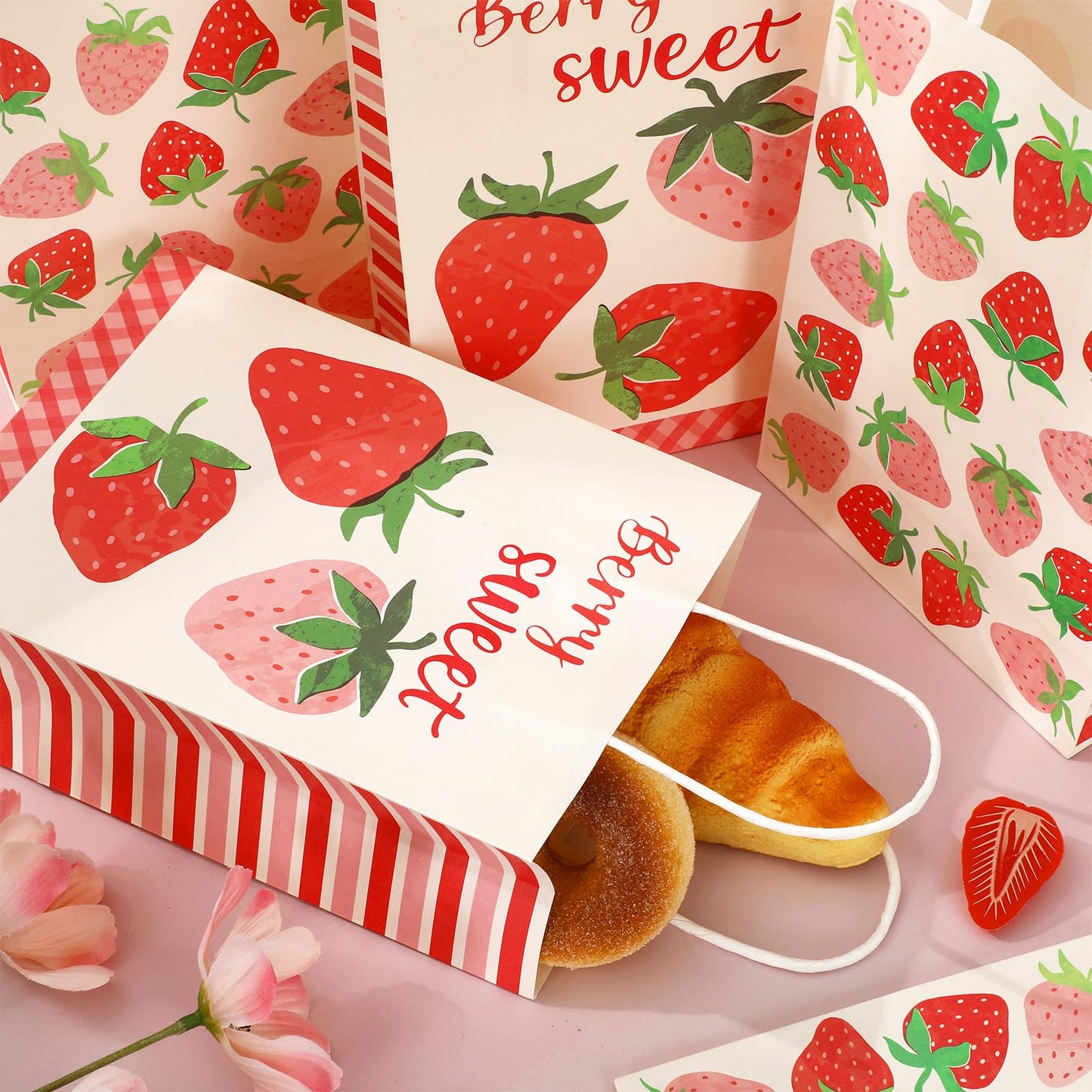 JarThenaAMCS 24 Pcs Strawberry Paper Gift Bags with Handle Pink Red Berry Sweet Party Favor Bags Goodie Candy Treat Bag for Wedding Baby Bridal Shower Party Favor Supplies, 2 Design