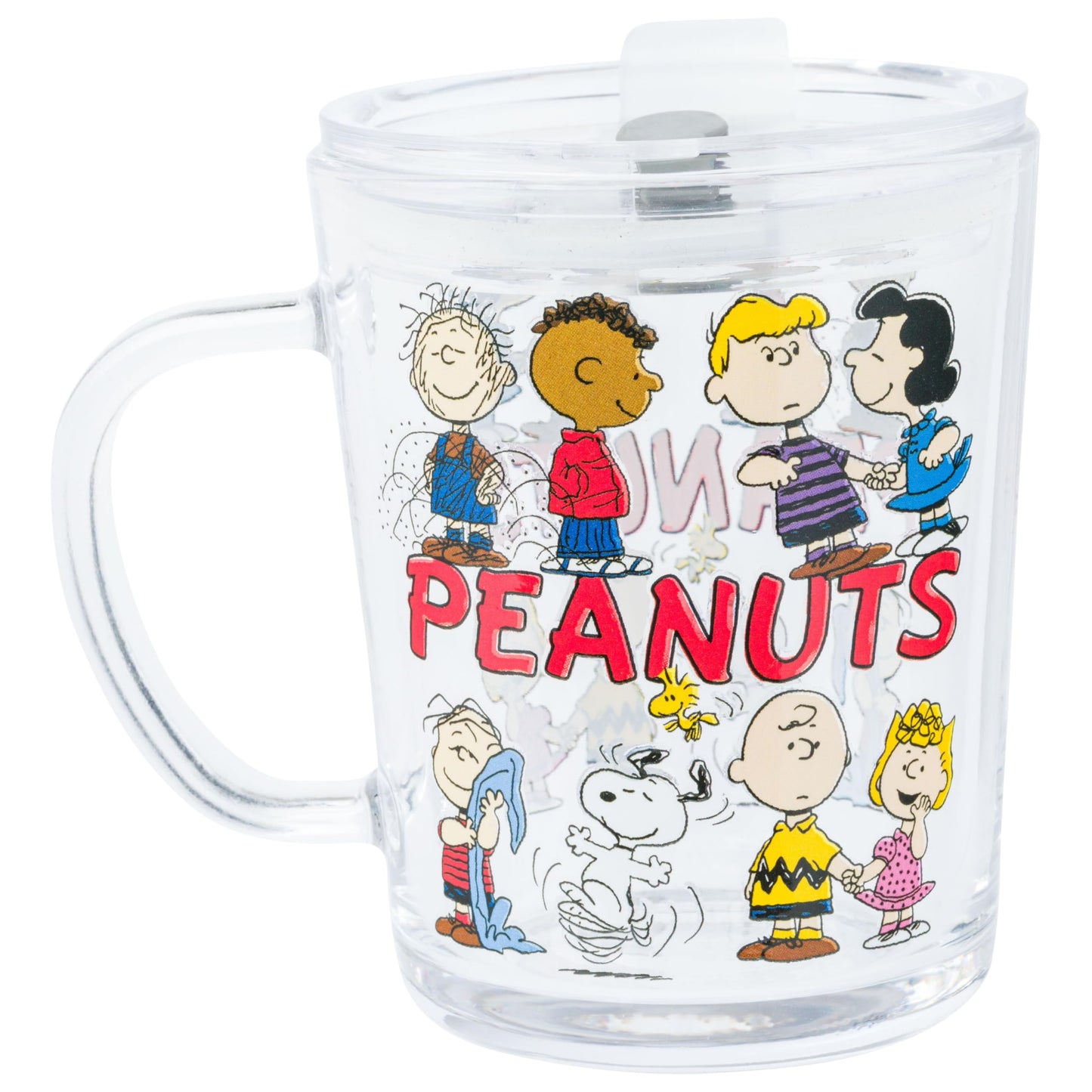 Silver Buffalo Peanuts Group Travel Glass Mug with Slide Close Lid and Handle Featuring Linus, Pig-Pen, Franklin, Schroeder, Sally, Lucy, Charlie Brown, Snoopy, and Woodstock, 14 Ounces