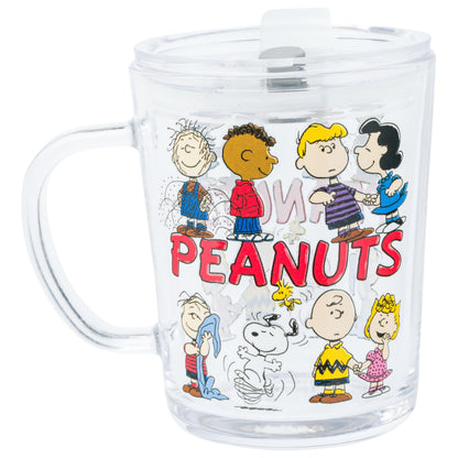Silver Buffalo Peanuts Group Travel Glass Mug with Slide Close Lid and Handle Featuring Linus, Pig-Pen, Franklin, Schroeder, Sally, Lucy, Charlie Brown, Snoopy, and Woodstock, 14 Ounces