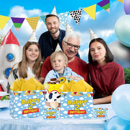Cartoon Story 2nd Birthday Gift Bag with Tissue Paper and Greeting Card, Two Years Old Party Favor Bags Blue Sky White Clouds Cow Story 2nd Birthday Wrapping Paper Goodie Treat Bag for Kid Party Decor