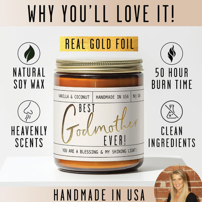 Godmother Gift - 'Best Godmother Ever!' Candle, w/Coconut & Vanilla - Godmother Gifts from Godchild I Godmother Proposal Gift I God Mother Gifts for Women I God Mom I 50Hr Burn, USA Made