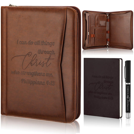Fuyoooo 3 Pcs Father's Day Christian Gifts for Church Men Pastor's Appreciation Gifts Leather Bible Verse Portfolio Scripture Notebook Bible Pen Religious Coworkers Pastor(Philippians 4:13)
