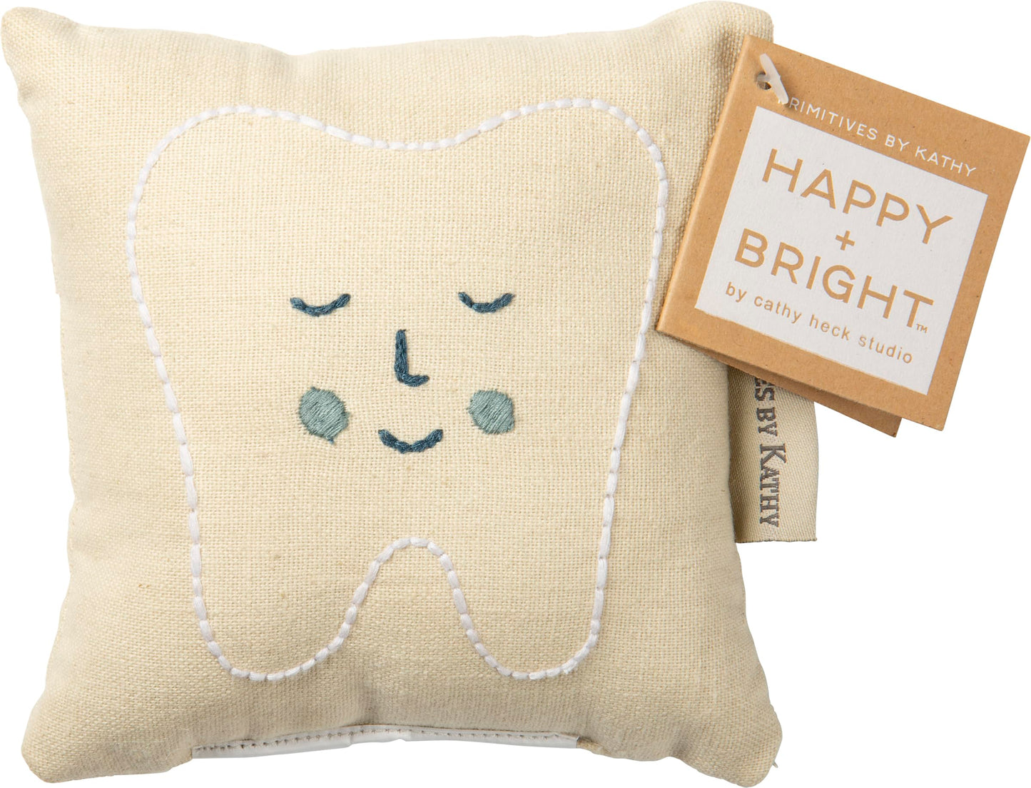 Primitives by Kathy Dear Tooth Fairy Stop Here Mini Tooth Pillow, 5x5-Inch, Cotton Blend, Blue Embroidered Keepsake with Storage Pocket and Tooth Design on Front