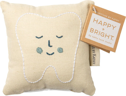Primitives by Kathy Dear Tooth Fairy Stop Here Mini Tooth Pillow, 5x5-Inch, Cotton Blend, Blue Embroidered Keepsake with Storage Pocket and Tooth Design on Front