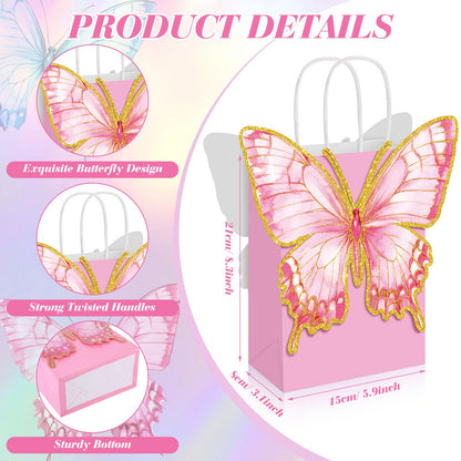 Booson 24 PCS Butterfly Paper Party Bags with Twisted Handles Blue Pink Purple Green Party Favor Bag with Adhesive Dots Paper Treat Candy Goodie Bags for Birthday Bridal Showers Decoration Supplies