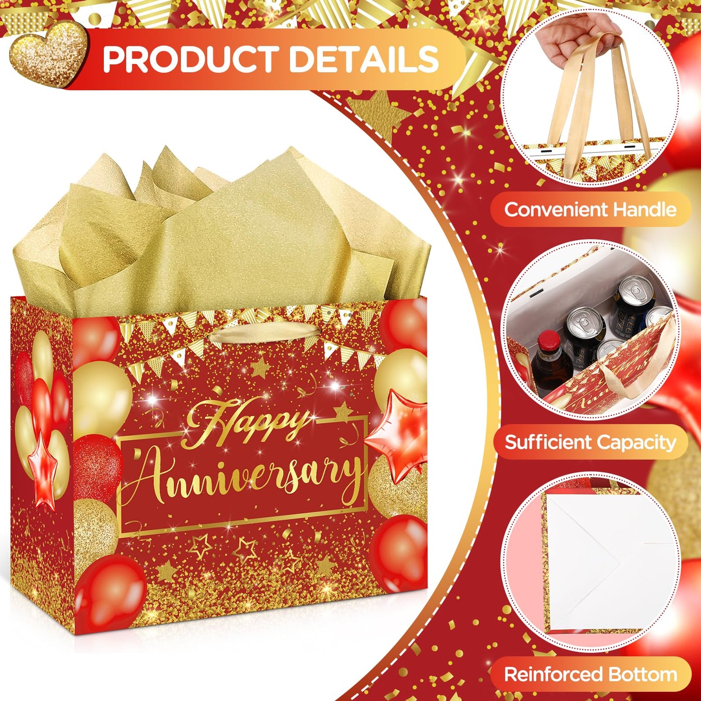 Red Anniversary Party Gift Bag with Tissue Papers and Card, 11.8'' Red Gold Wedding Anniversary Paper Gift Wrapping Bag for Women Men Wedding Party Supplies Gift Bag