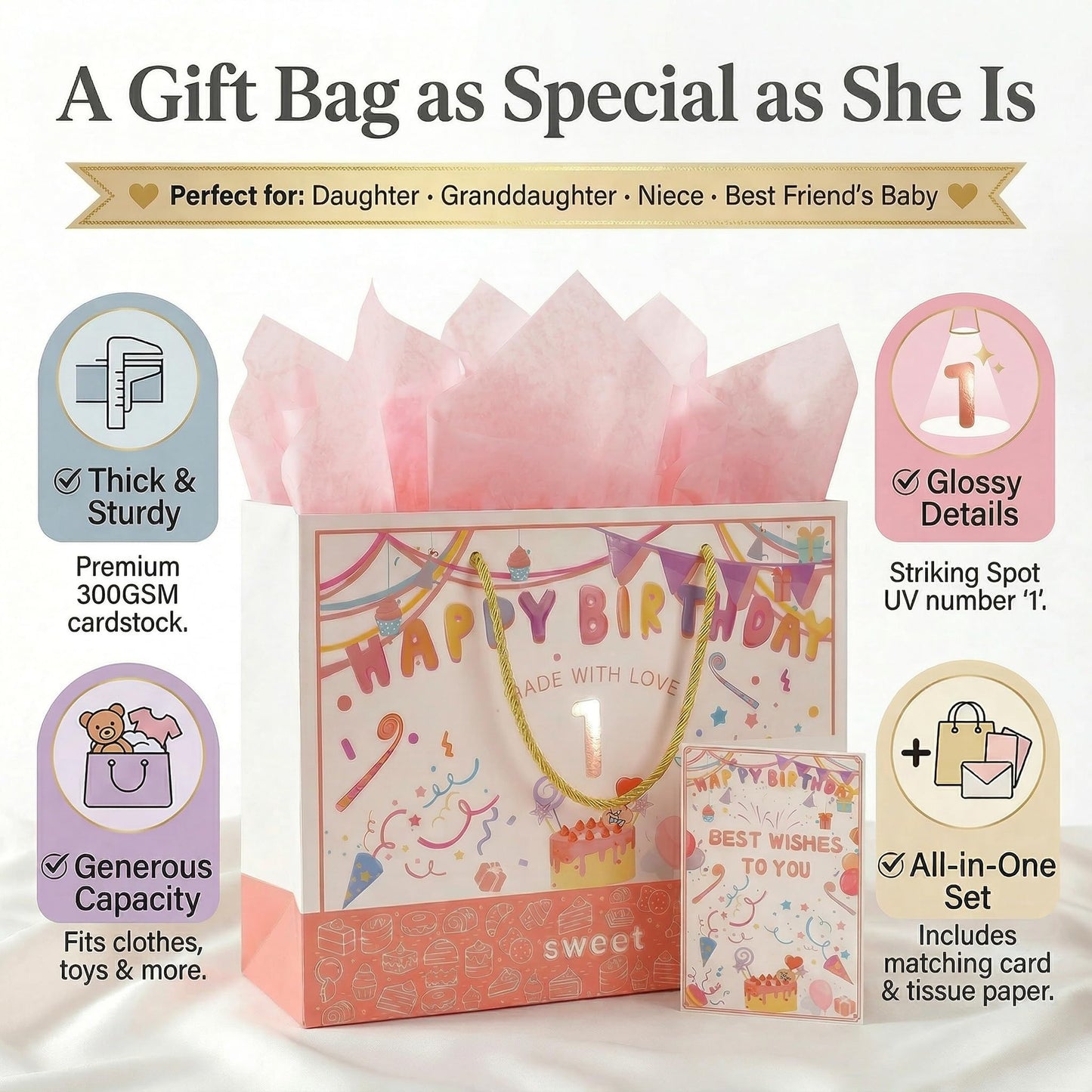 BOPLYBAY 1st Birthday Gift Bag for Girls with Greeting Card & Tissue Paper - Large 13" Pink Age 1 Birthday Party Favor Bag, Luxury Gift Wrapping Set for One Year Old Baby Girl (Age 1)