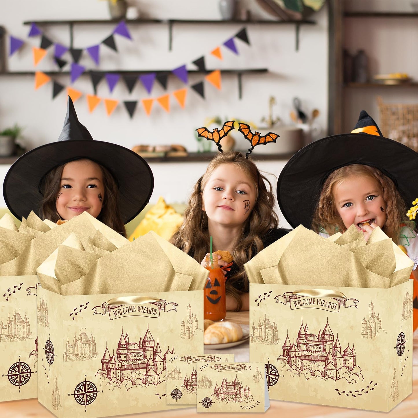 Magical Wizard Gift Bag, Large Wizard Theme Birthday Gift Bag, with Card and Tissue Paper, Christmas Party Favors Supplies for Baby Shower, Kids, Boys, Girls, Birthday, Christmas Celebrations