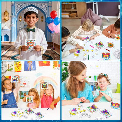24 Pcs Ramadan Crafts for Kids, Eid Mubarak Arts and Crafts DIY Puzzle with Lanterns, Stars, Masjid, Moon, Castles, Ramadan Eid Activities Painting Kits for Islamic Gifts Party Favors & Goodies Bulk