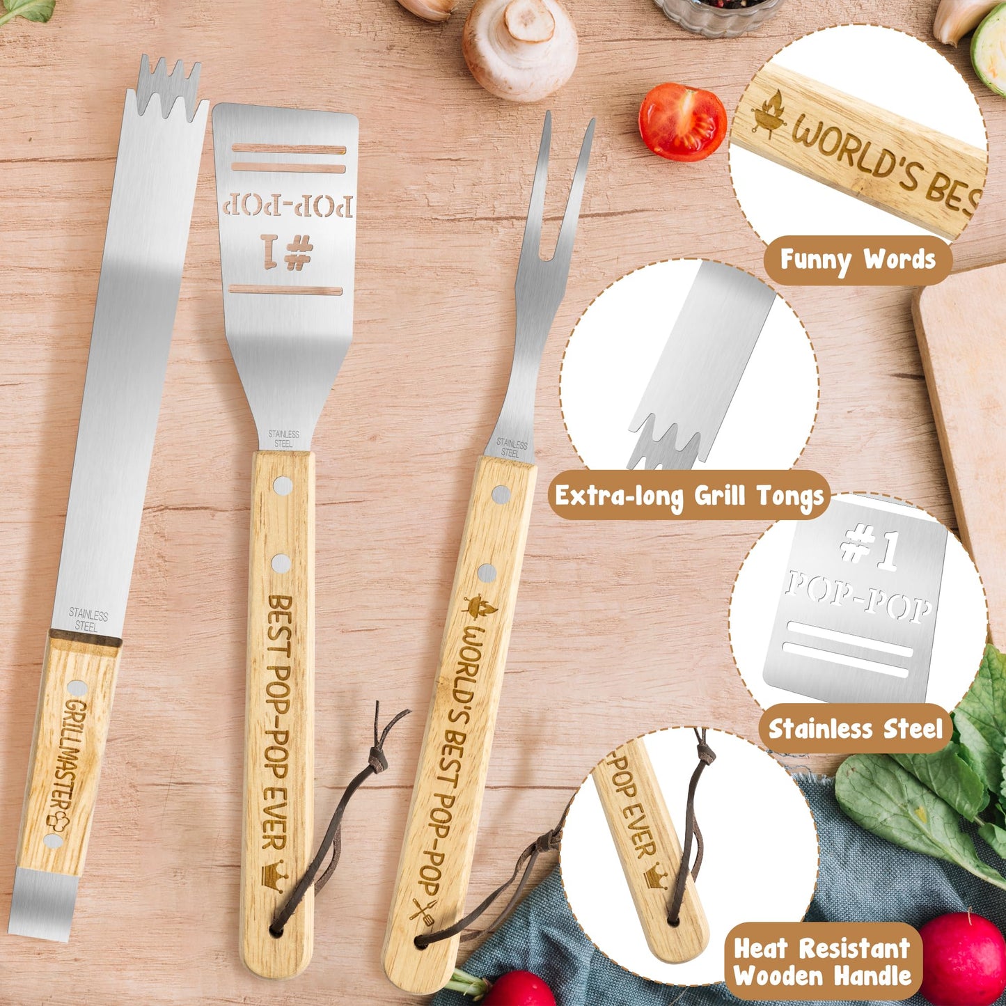 Haooryx Grandpa BBQ Grill Tool Accessory Set - 3Pcs Best Pop-Pop Ever Stainless Steel Grilling Tong Fork Spatula Grillmaster Grandpa Birthday Present Outdoor Housewarming Camping Holiday Party Supply