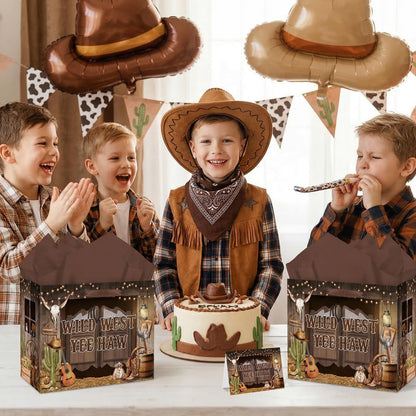 MOORIIY Western Cowboy Gift Bag with Tissue Paper and Greeting Card, Rustic Cowboy Birthday Gift Bag Wild West Wrapping Paper Bag for Boys Girls Birthday, Western Rodeo, Baby Shower Party Supplies