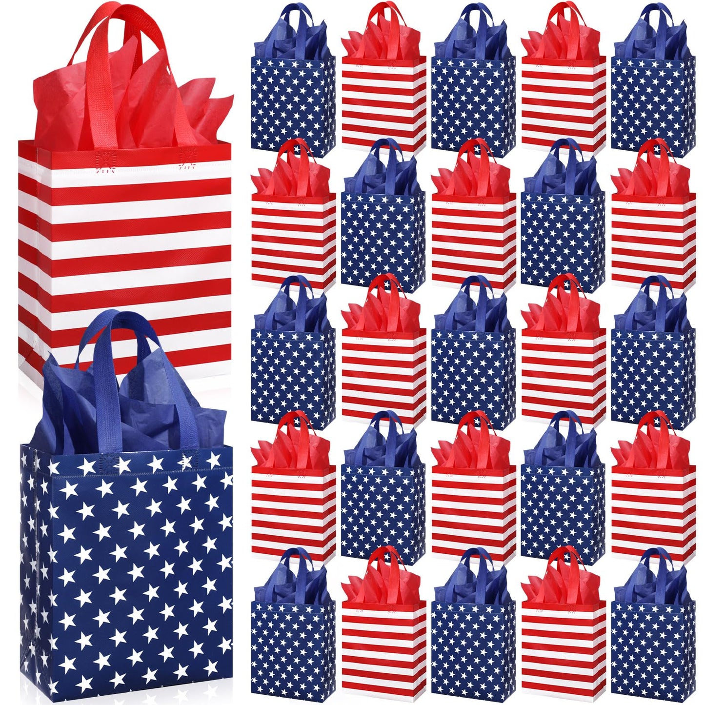 Yoojahow 24 Set Patriotic Gift Bags Bulk with Tissue Memorial Day American Flag 4th of July Red White Blue Tote Bags Non Woven Party Favors with Handle for Holiday Patriotic Birthday Supplies