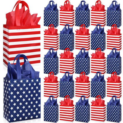 Yoojahow 24 Set Patriotic Gift Bags Bulk with Tissue Memorial Day American Flag 4th of July Red White Blue Tote Bags Non Woven Party Favors with Handle for Holiday Patriotic Birthday Supplies