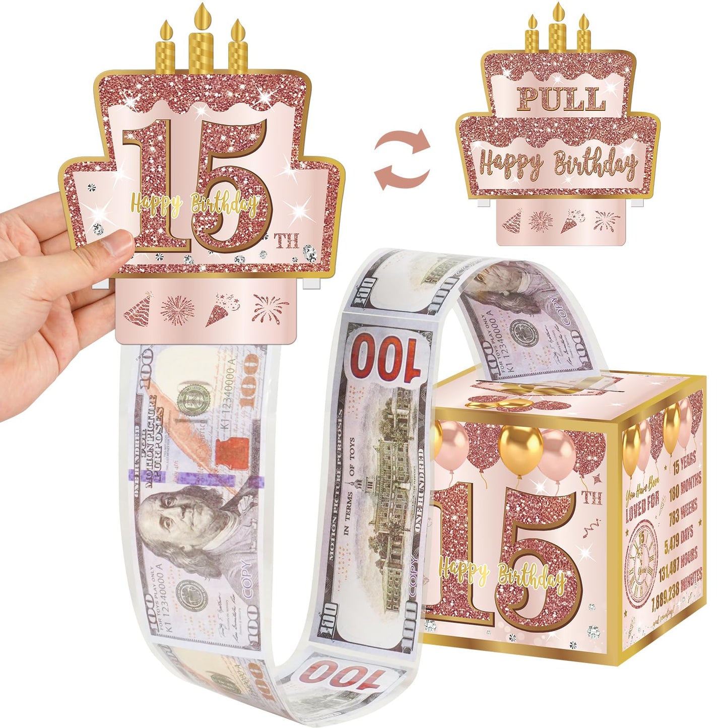 Turypaty 15th Birthday Pull-Out Money Gift Box for Girls - Pink Rose Gold Happy Fifteen 15th Birthday Party Cash Gift Box with Pull-Out Card - A Fun and Loving Way to Offer Cash Present