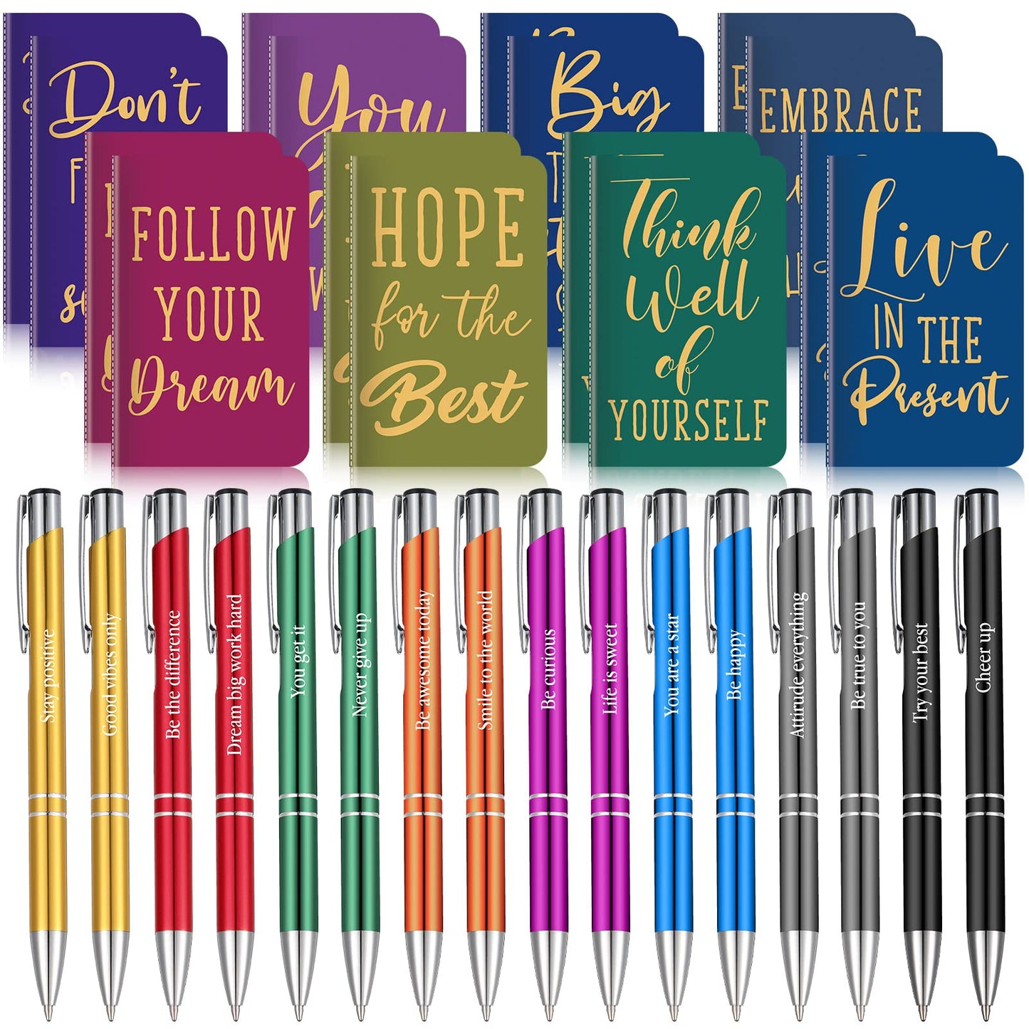 Funrous 32 Pcs Motivational Quote Pens Inspirational Notepads Mini Journal with Ballpoint Pen Small Notebooks Gift for Men Women Coworker Adult Party Favors Prize Teacher Student Office(Simple)