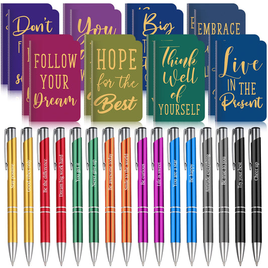 Funrous 32 Pcs Motivational Quote Pens Inspirational Notepads Mini Journal with Ballpoint Pen Small Notebooks Gift for Men Women Coworker Adult Party Favors Prize Teacher Student Office(Simple)