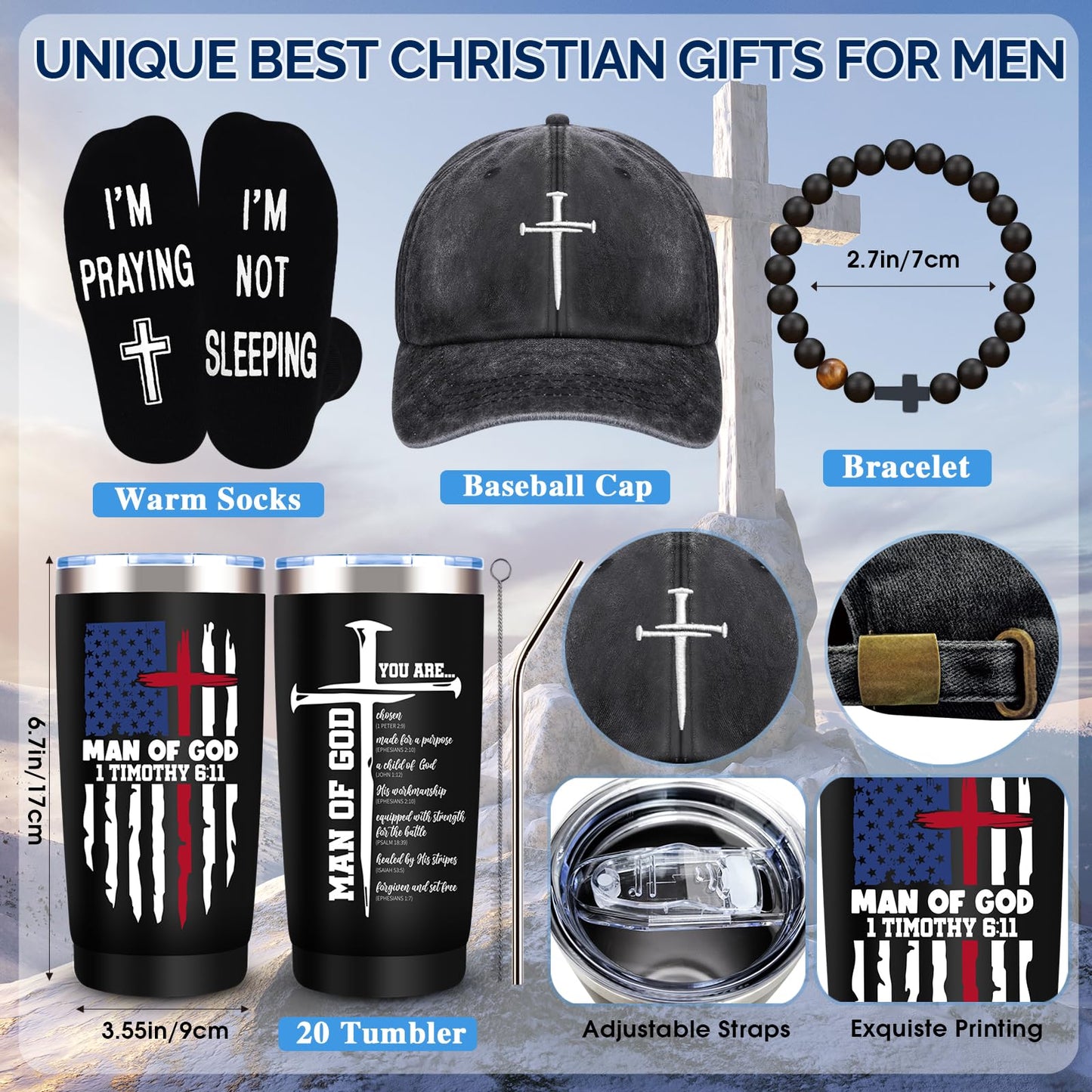 10 Pcs Christian Gifts for Men Faith, Inspirational Religious Gifts, Catholic Gift with 20 Oz Tumbler Bible Verses Crystal Plaque Hat Socks Bracelet Keychain for Husband, Dad, Grandpa, Friends