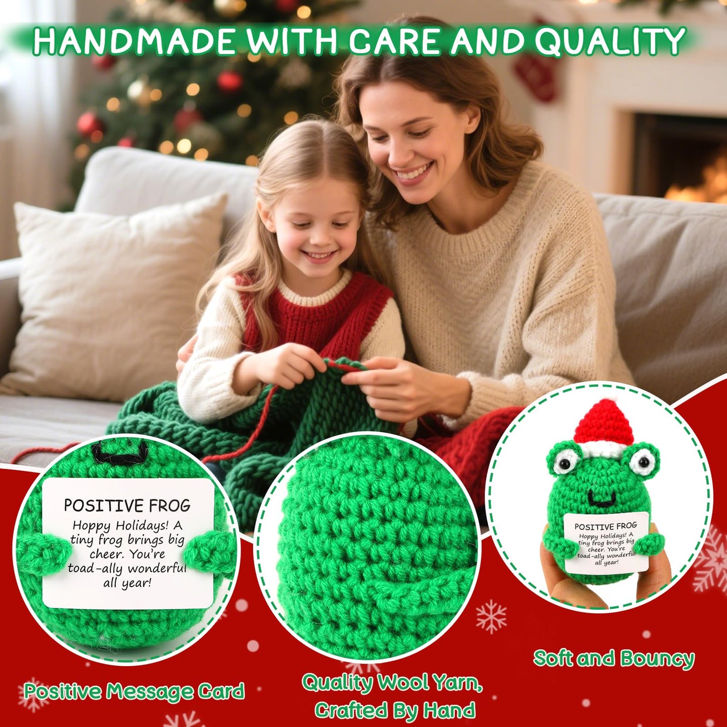 Mini Christmas Positive Frog Emotional Crochet Animals Knitted Doll with Positive Card for Coworkers Best Friend Encouragement Funny Gifts for Women Men Xmas Party Decor
