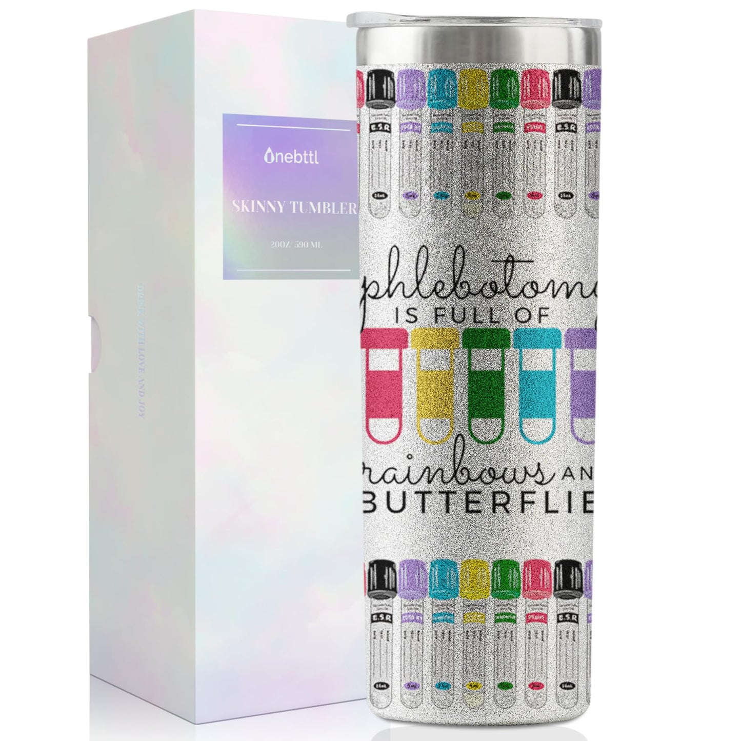 Onebttl Nurse Gifts for Women - Phlebotomy Gifts - Phlebotomist Graduation Gifts - Nurse Week Day Gifts - Phlebotomy is Full of Rainbows and Butterflies, 20oz Glitter Insulated Tumbler Cup with Straw