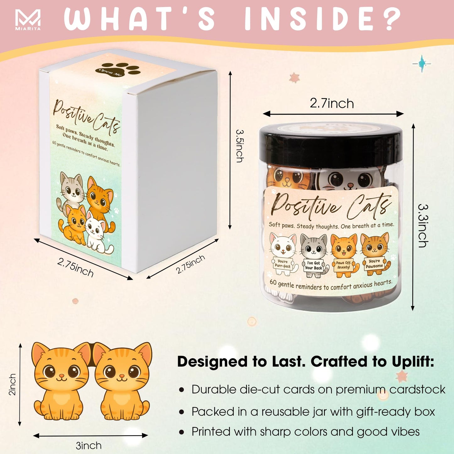 Miarita Positive Cats Jar – 60 Affirmation Cards for Anxiety & Self Care, Cat Mom Gifts For Women, Mothers Day Gifts For Cat Mom, Cat Themed Gift for Mom, Teens & Men, Kids, Coworkers