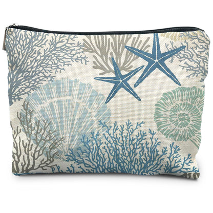 Ocean Starfish Coral Seashell Beach Makeup Bag, Marine Life Sea Animals Cosmetic Bags for Women, Beach Vacation Gifts, Ocean Themed Gifts