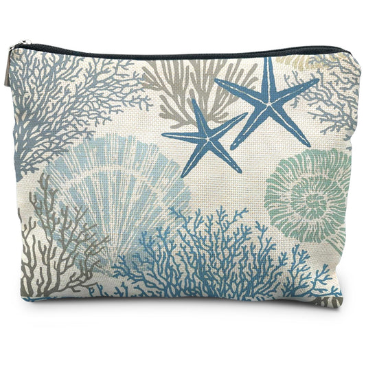 Ocean Starfish Coral Seashell Beach Makeup Bag, Marine Life Sea Animals Cosmetic Bags for Women, Beach Vacation Gifts, Ocean Themed Gifts