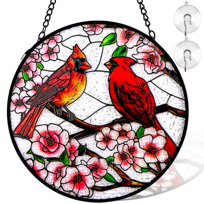 Remiawy Cardinal Stained Glass Window Hanging, 6 Inch Sun Catcher Glass Panel with Metal Chain and Hooks Suncatcher Indoor Window Wall Art Home Decor Gift for Bird Lovers Women Mother's Day Christmas