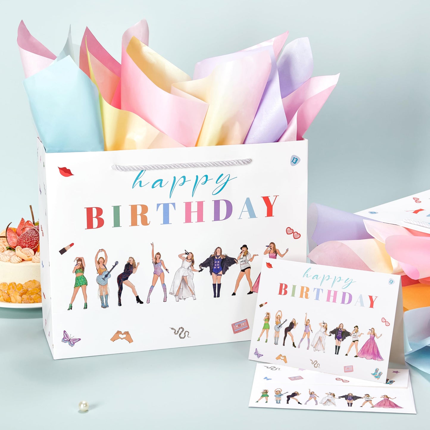 Crisky Large Happy Birthday Gift Bags for Women with Tissue Paper and Card, Music Lovers, Pop Singer Birthday Gift Bag with Handles for Party Decorations Supplies, 13"