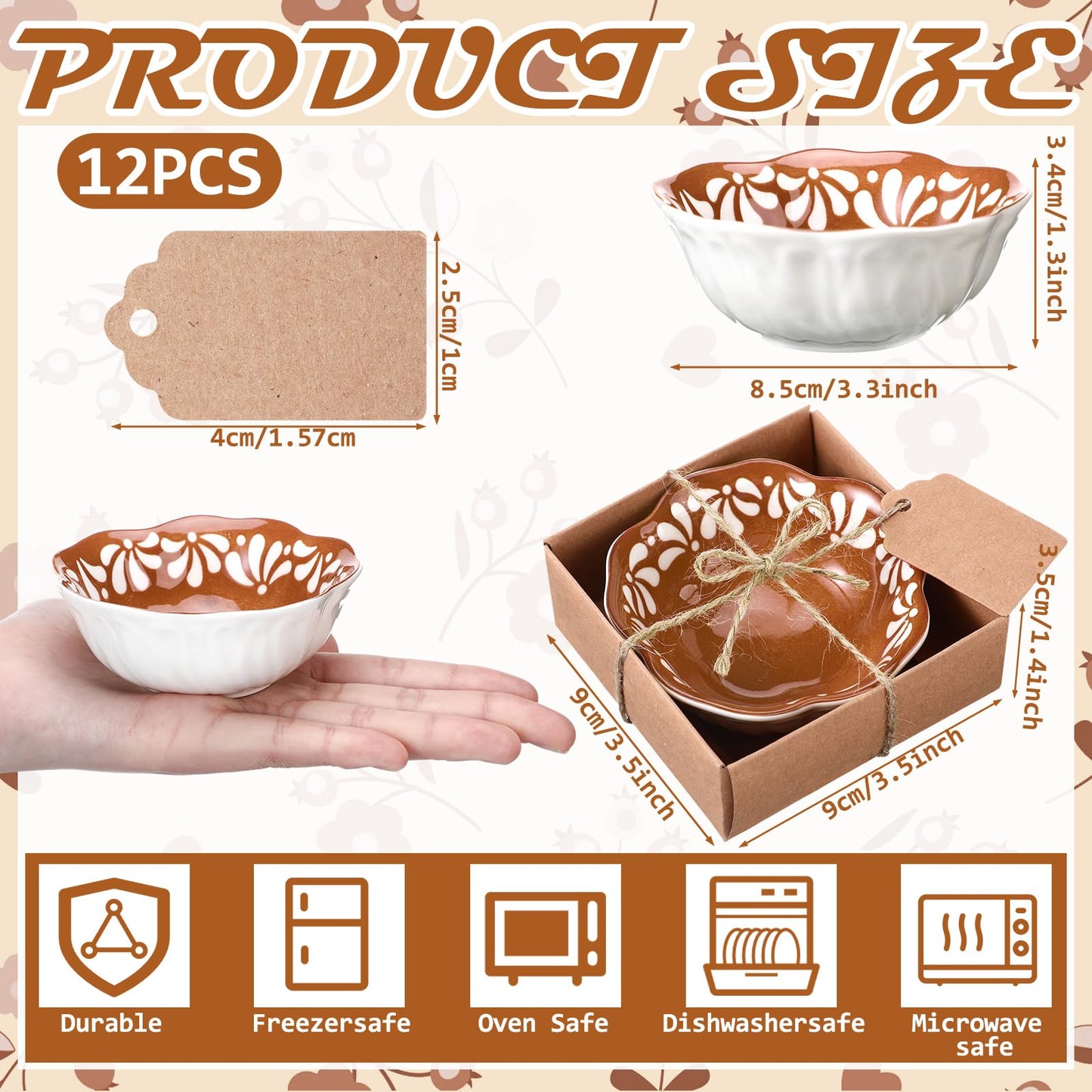 SiliFine 12 Pcs Ceramic Pinch Bowl 3.3 Inch Cielito Lindo Party Favors for Guests Small Mexicanos Ceramic Dipping Bowls Bulk Gifts with Cards for Party Shower Favor (Floar,Brown)