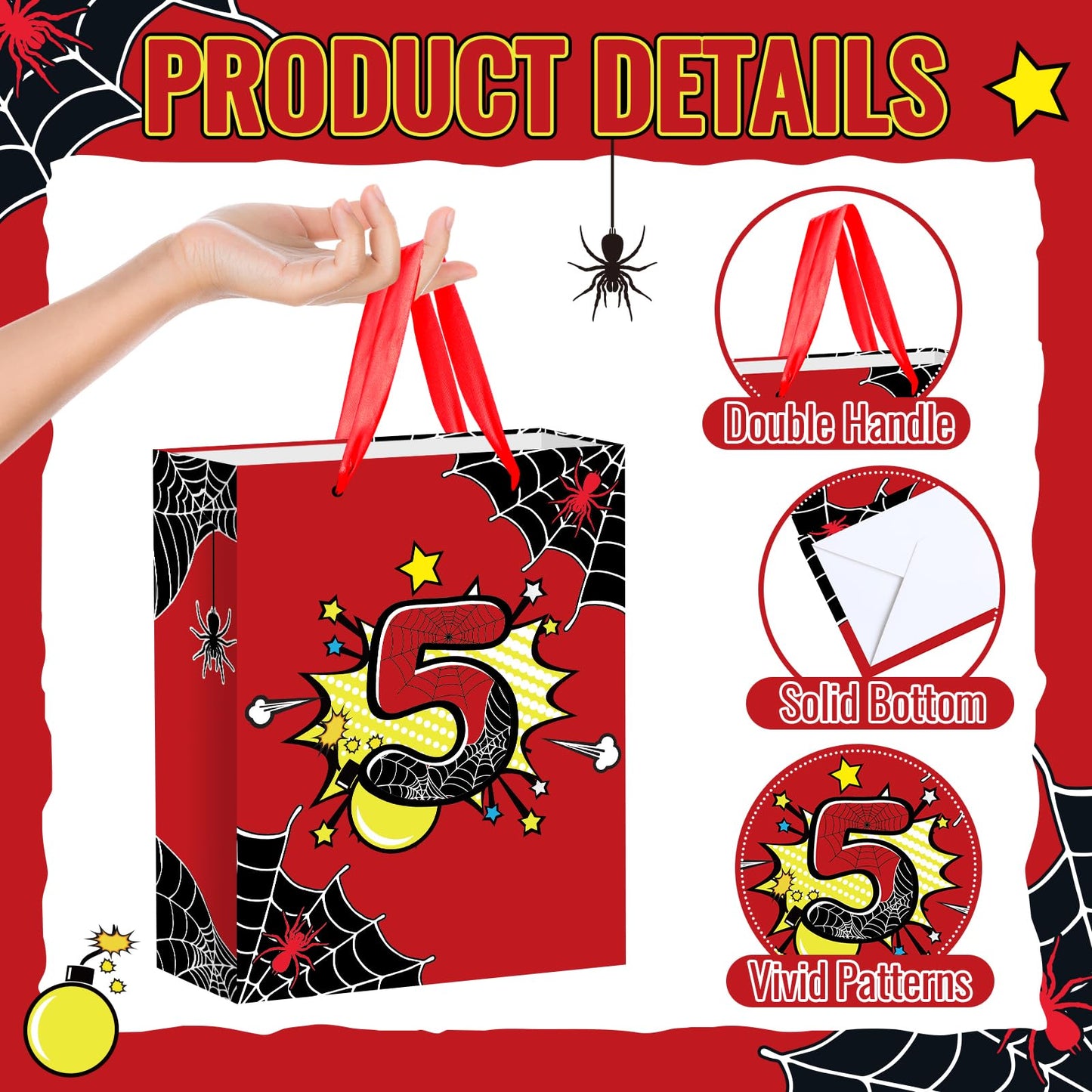 Spider 5th Birthday Gift Bag with Tissue Paper and Card Black Red Spider Web Birthday Gift Wrapping Paper Bag 5 Years Old Treat Candy Bags with Handle for Kids Baby Shower Bday Party Decorations