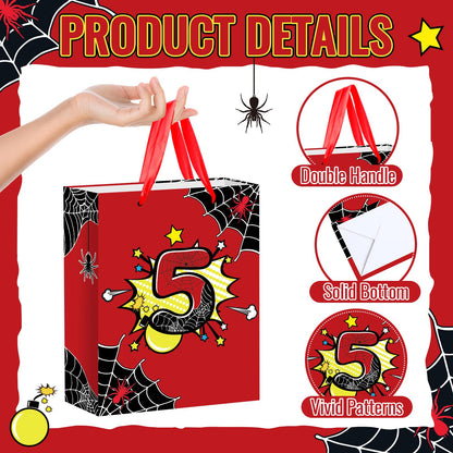 Spider 5th Birthday Gift Bag with Tissue Paper and Card Black Red Spider Web Birthday Gift Wrapping Paper Bag 5 Years Old Treat Candy Bags with Handle for Kids Baby Shower Bday Party Decorations