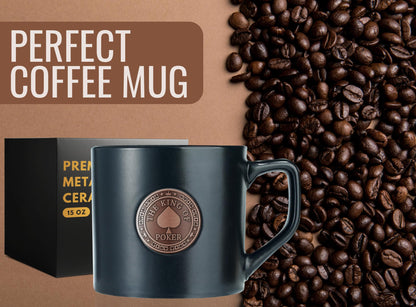 Onebttl Poker Gifts for Men & Women, Funny Poker Gifts for Poker Lovers & Player, Friends, Family, Coworkers, 15 oz Black Ceramic Coffee Mug with a Metal Badge, The King of Poker - Bronze Color Badge