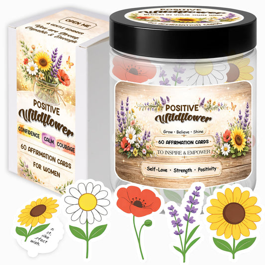 Birthday Gifts for Women, Positive Wildflower Affirmation Cards Jar – Sunflower Daisy Lavender Poppy Daily Affirmations, Encouragement Gift, Relaxation & Stress Relief Desk Decor
