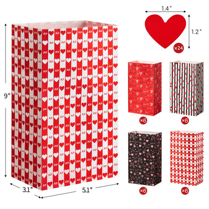 Jutieuo 24 PCS Valentine's Day Gift Bags with Heart Labels, Cute Black Red Valentine Paper Treat Bags Goodie Bag for Valentines Party Favors