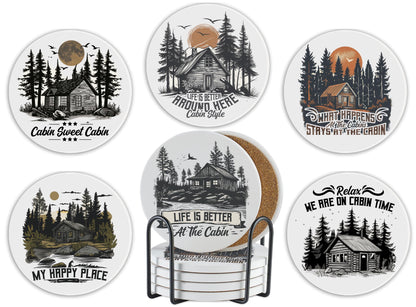 Onebttl Cabin Gifts - Cabin Theme Coaster Set of 6, Bar Coasters with Sayings