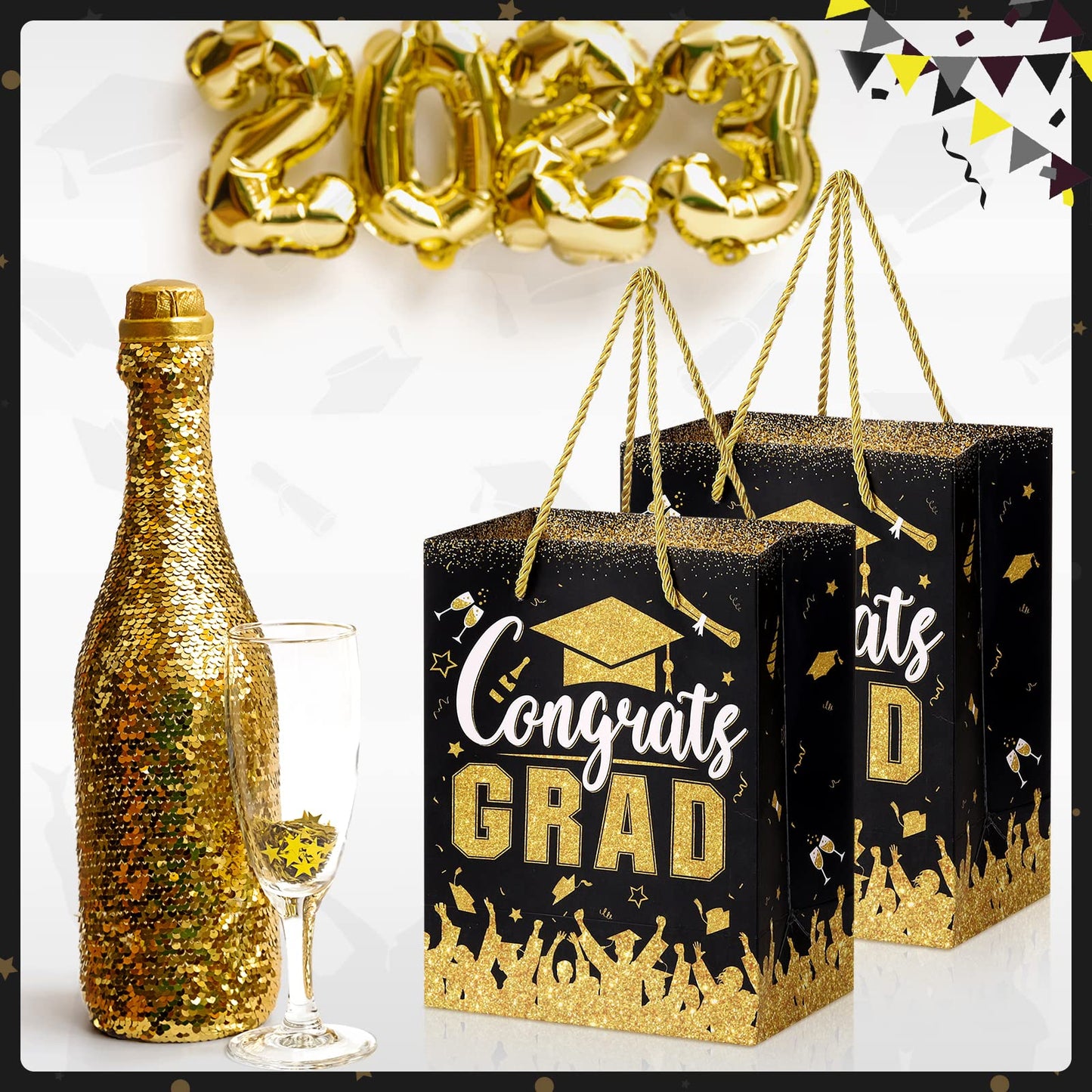 TaoBary 12 Pcs Graduation Gift Bags with Tissue Party Favor Bag Handles Class of 2026 Grad Paper Goodie Bulk for Congrats Supplies(Black Gold)