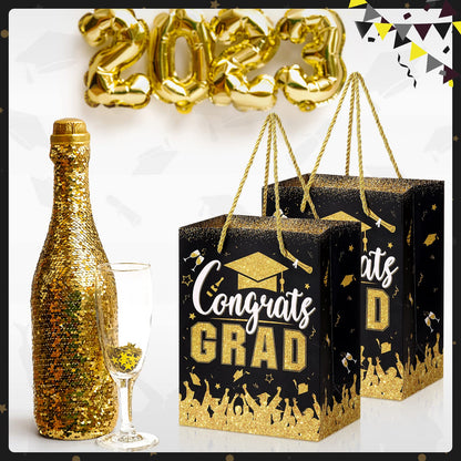 TaoBary 12 Pcs Graduation Gift Bags with Tissue Party Favor Bag Handles Class of 2026 Grad Paper Goodie Bulk for Congrats Supplies(Black Gold)