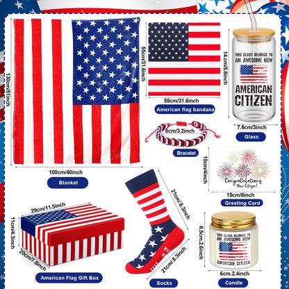 Nuanchu 8 Pcs New Us Citizenship Gifts American Flag Gifts Set with Citizen Glass Candle American Flag Blanket Sock Bandana Bracelet Patriotic Gift Box Congratulations Card for Veterans
