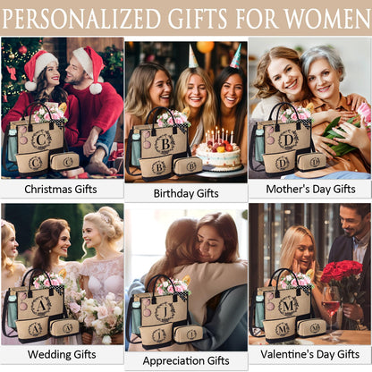 Personalized Gifts for Women Tote Bag, Initial Jute Tote Bag & Makeup Bags Monogrammed Beach Bag w/ Zipper, Mothers Day Birthday Gifts for Women Her Friends Mom Daughter Sister Grandma Teacher Nurse