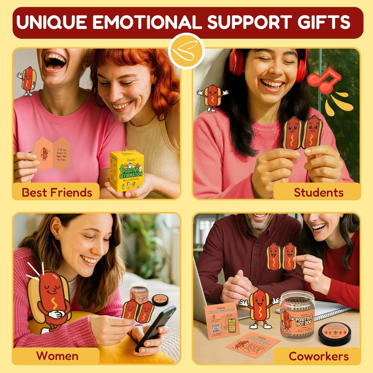 Stofinity Emotional Support Hot Dogs Gifts - Funny White Elephant Gifts For Teen Girl Trendy Stuff, Positive Affirmations Cards For Women Birthday, Hotdog Card For Christmas Basket Gift