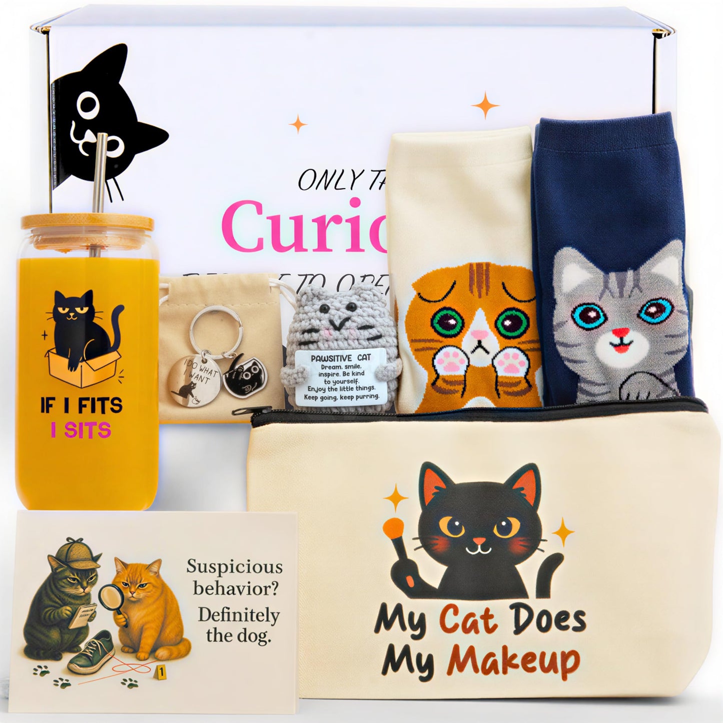 Fun Cat Lover Gifts for Women, Premium Cats Themed Gifts Set with Borosilicate Glass Cup Crochet Doll & Socks, Crazy Cats Lady Gift Basket for Birthday & Christmass, Cat Mom Gifts Box for Women