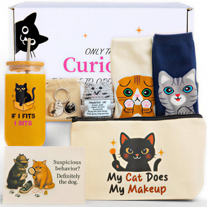 Fun Cat Lover Gifts for Women, Premium Cats Themed Gifts Set with Borosilicate Glass Cup Crochet Doll & Socks, Crazy Cats Lady Gift Basket for Birthday & Christmass, Cat Mom Gifts Box for Women