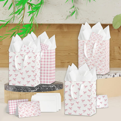 Coquette Charm Pink Bow Gift Bags Set of 6 - Medium Sized 9" Bags with Handles incl. Matching Tissue Paper, Cards in Pink for Girl- Reusable & For Presents of Any Birthday, Weddings，Bridal Shower
